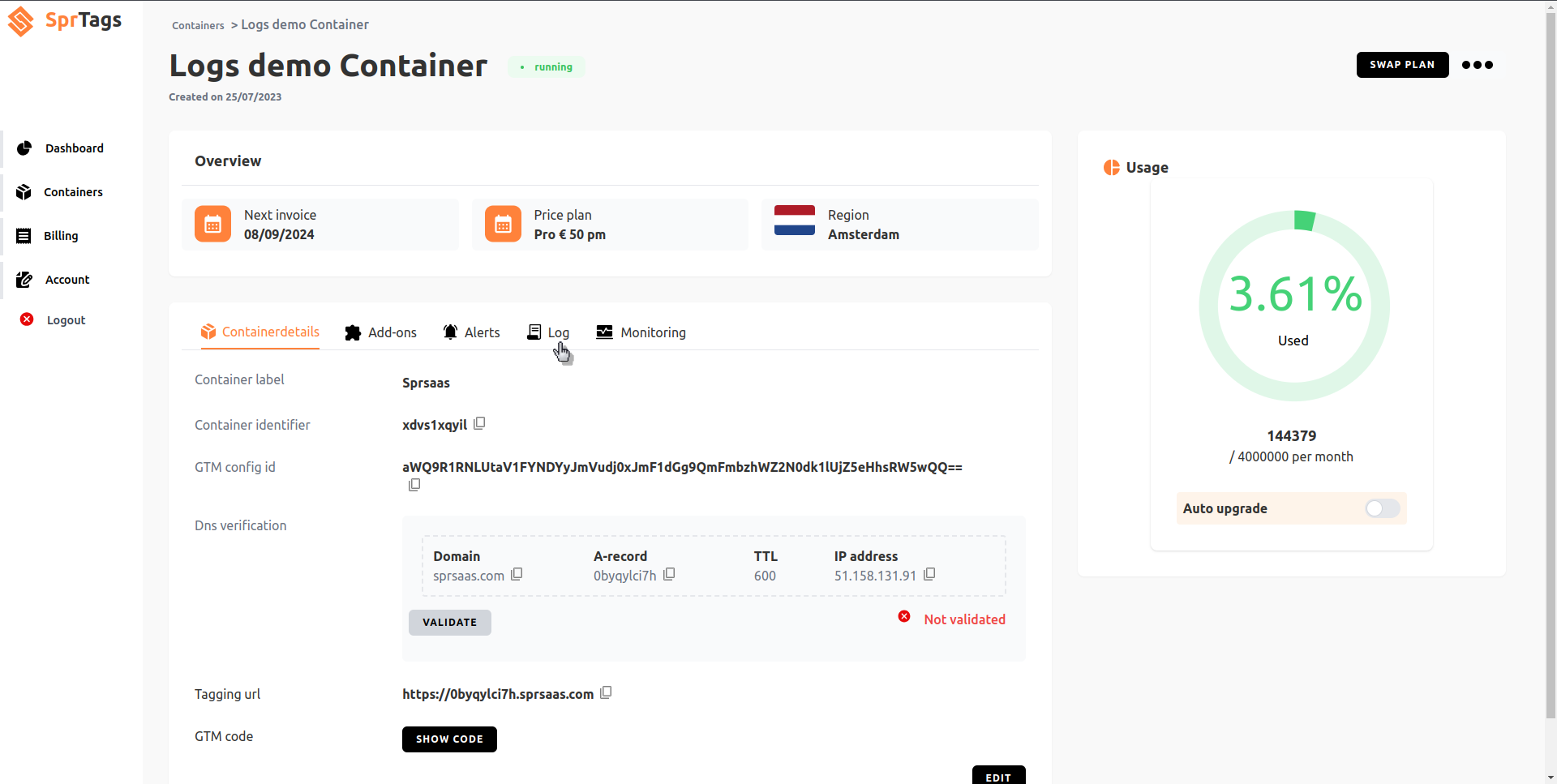 Log screenshot